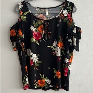 PerSeption Concept Black Floral Cold Shoulder Blouse
